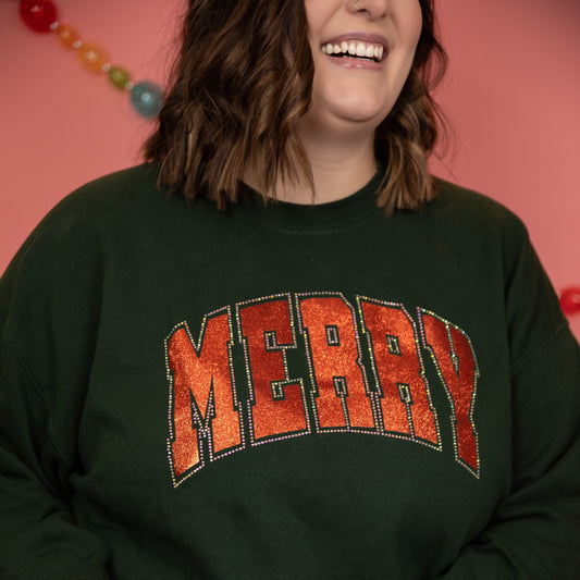 Merry Rhinestone Crewneck Sweatshirt—Forest Green