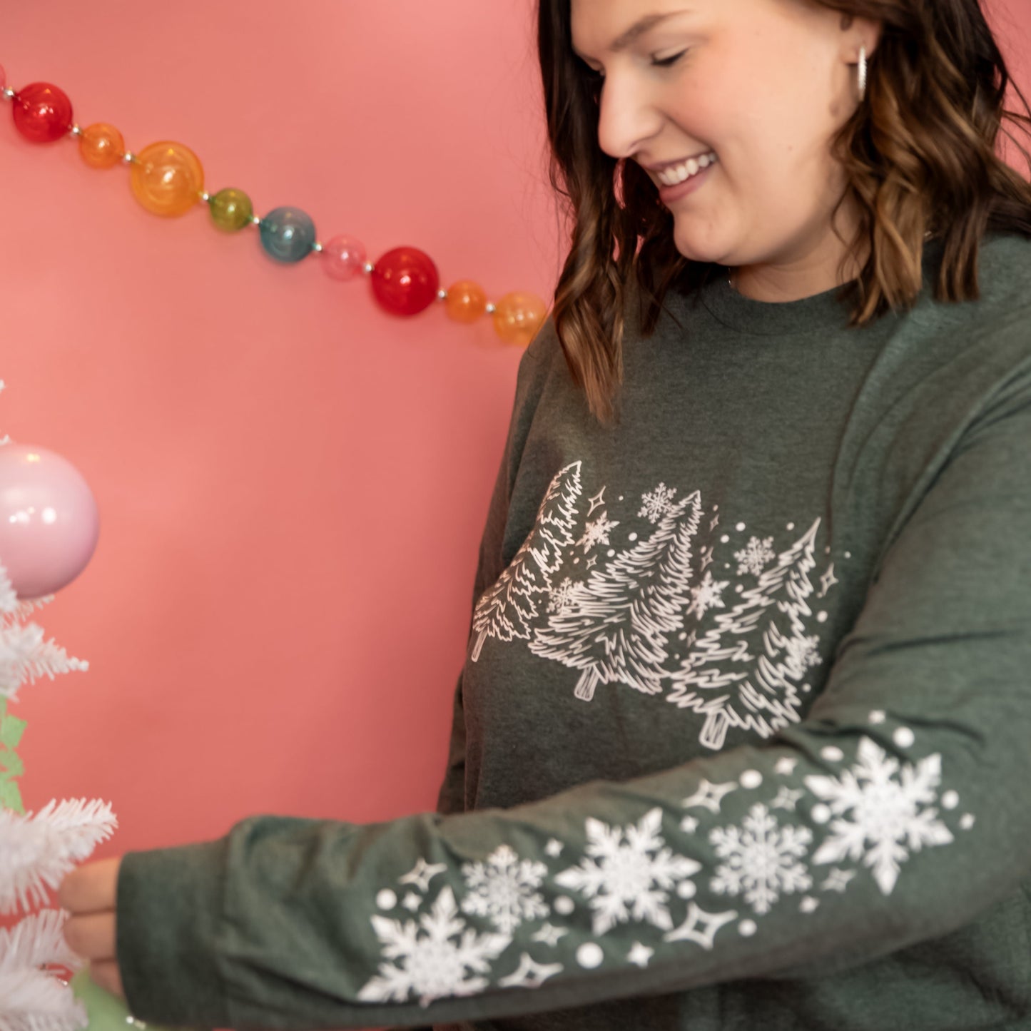 Glistening Treetops & Snowflakes—Forest Bella + Canvas Long-Sleeve Tee