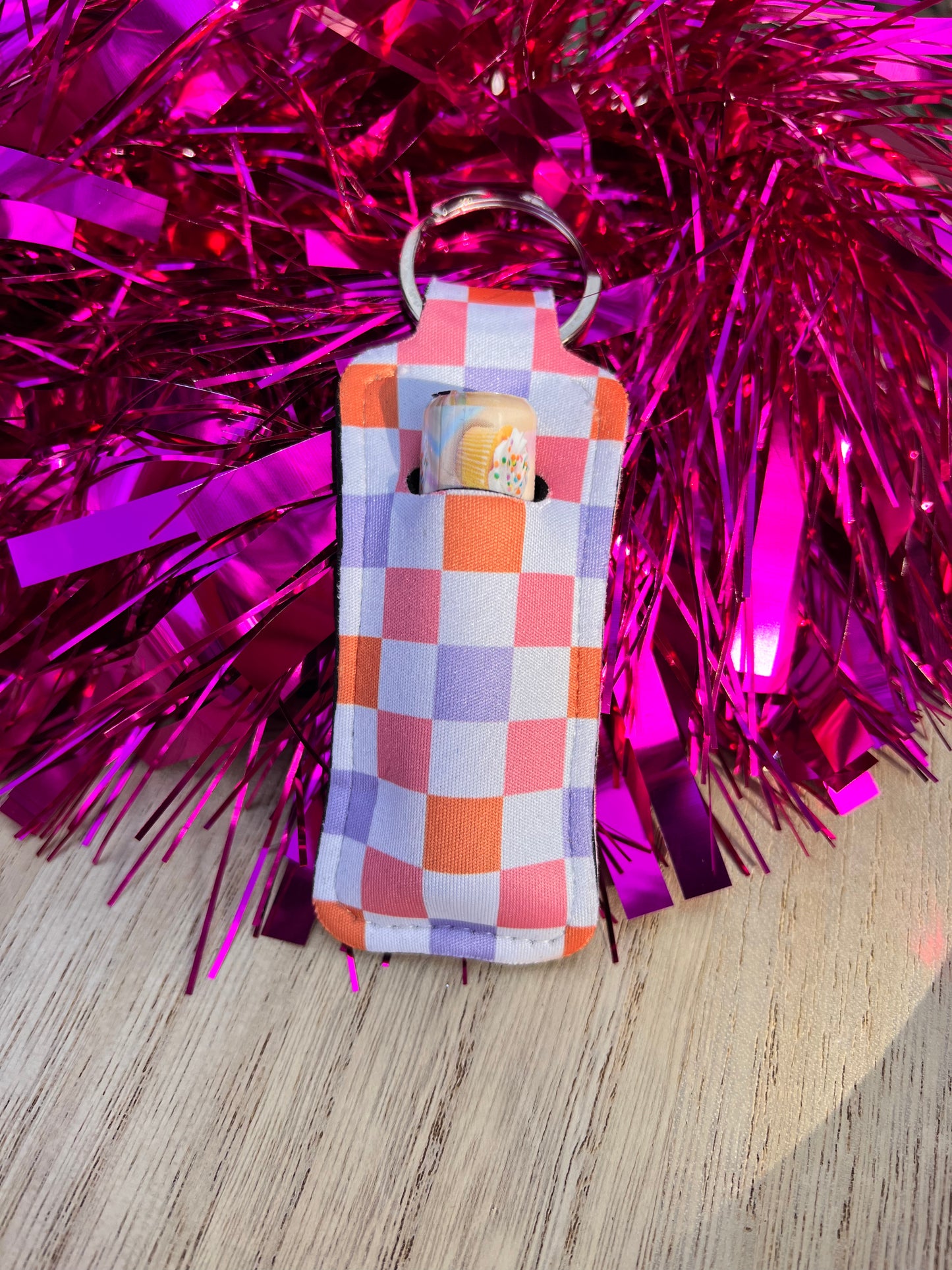 Pastel Pink and Orange Checkered Chapstick Holder Keychain