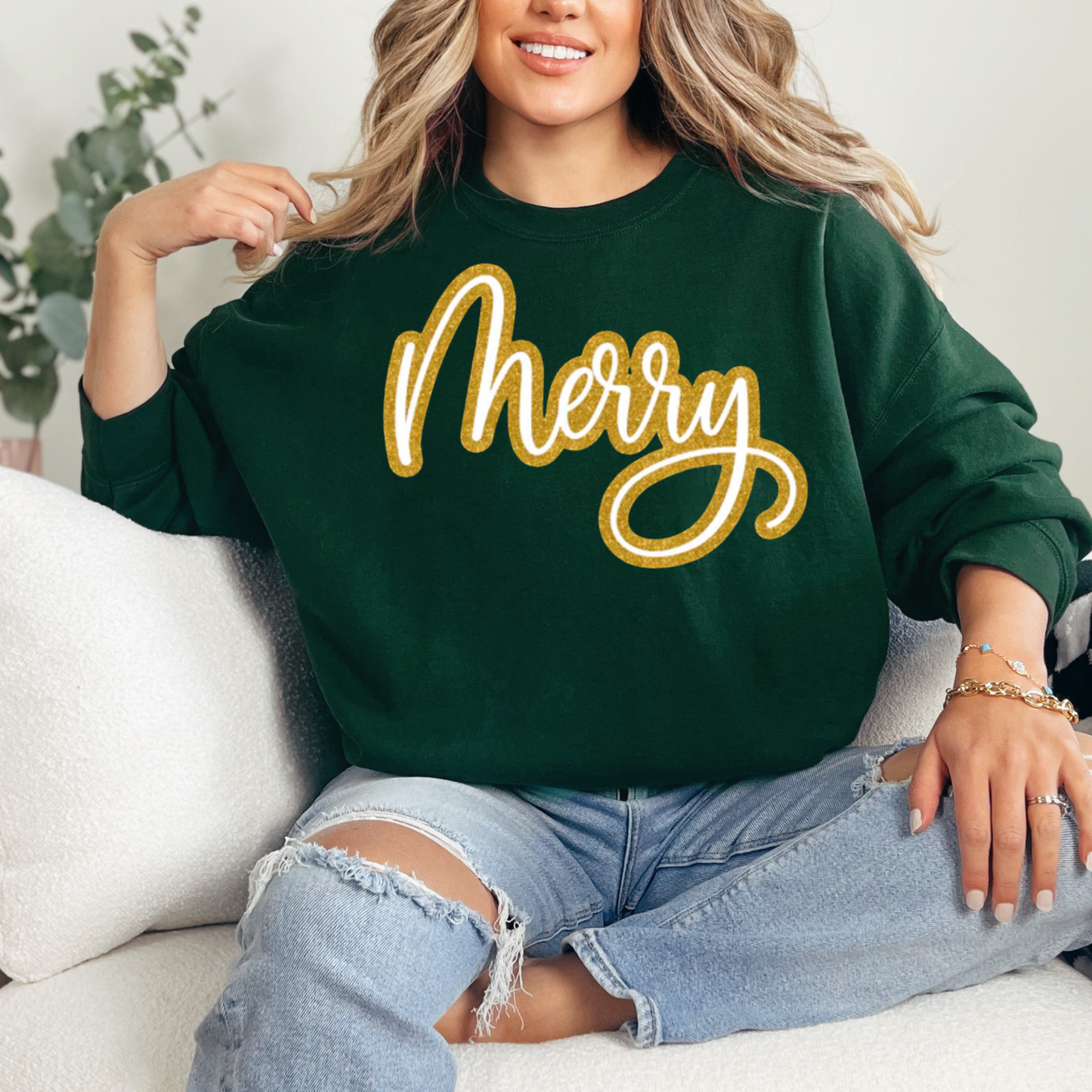 Merry Gold Glitter Crewneck Sweatshirt—Forest Green